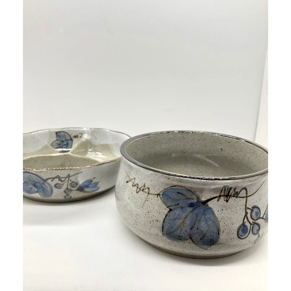 Artisan Stoneware Pottery Set Blue Leaf Speckled Gray Divided Dish & Deep Bowl